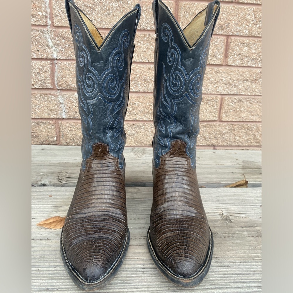 Exotic Leather Cowboy Boots Brown Lizard Vamp, Gray Shaft w/ Blue Stitching - Picture 2 of 7